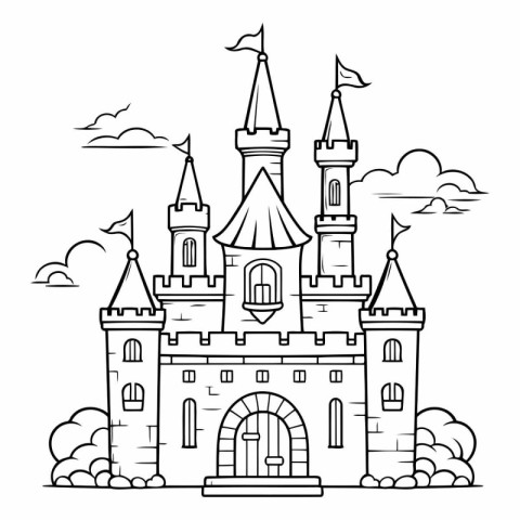 Fairytale castle. Black and white vector illustration for colori