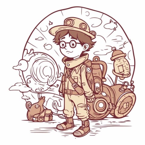 Cute boy explorer in the steampunk style.