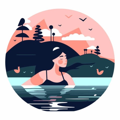 Girl swimming in the lake in a flat style.