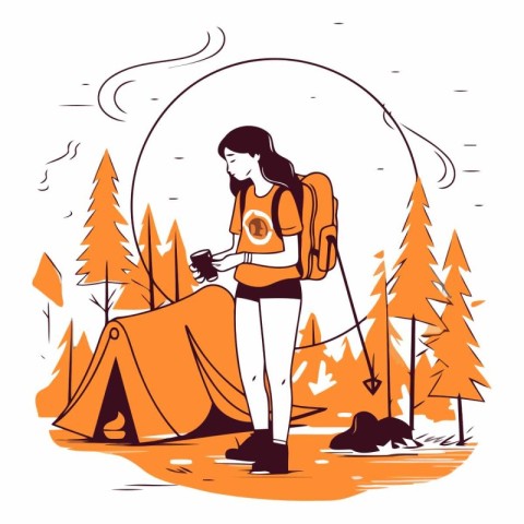 Young woman hiker with backpack and tent in the forest