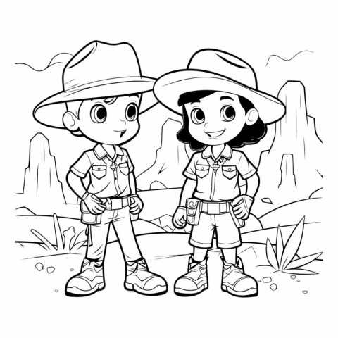 Boy and girl scouts in the mountains. Coloring book