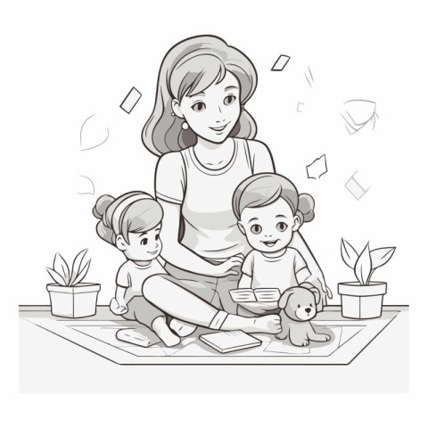 Mother with her children at home in cartoon style.