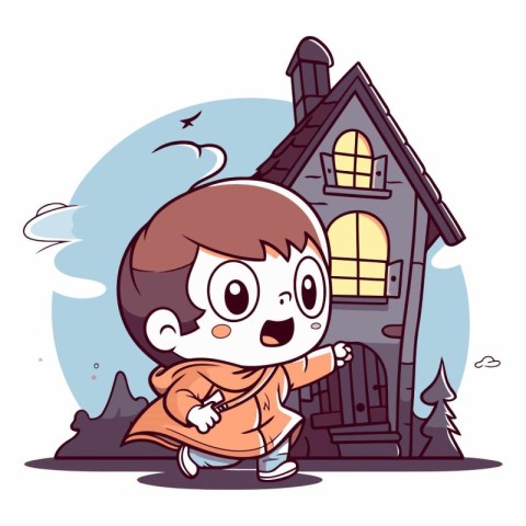 Cute little boy in front of a haunted house.