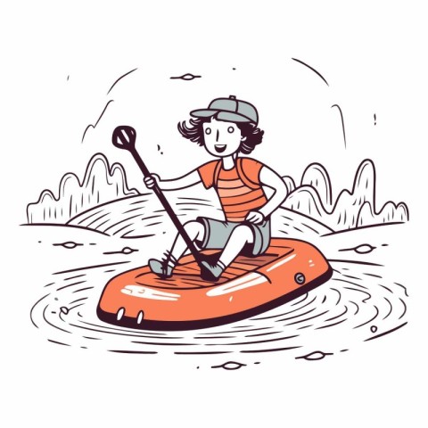 Boy paddling on a kayak in cartoon style.