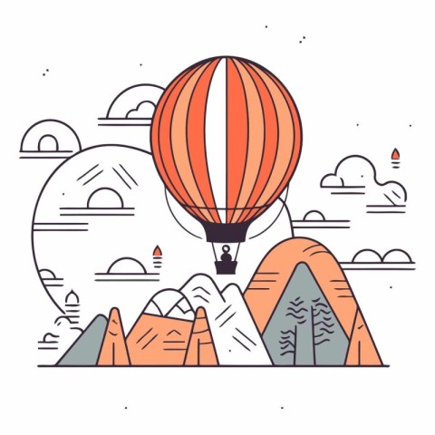 Hot air balloon flying over the mountains in thin line style.