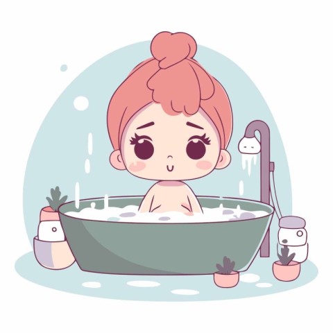 Cute cartoon girl taking a bath in a flat style.