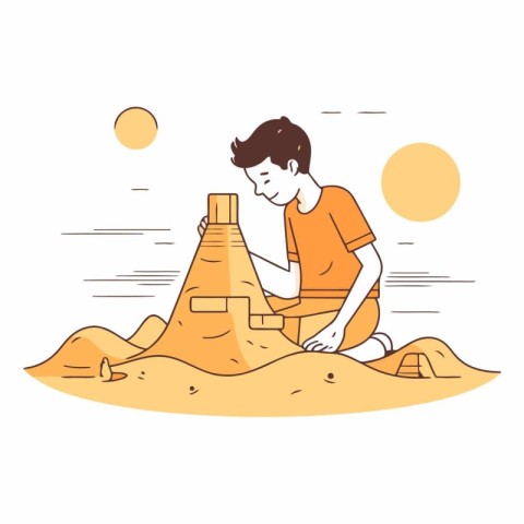 Boy building sand castle on the beach in cartoon style