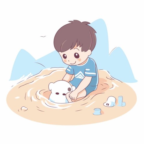 Little boy playing with a teddy bear in the sand.