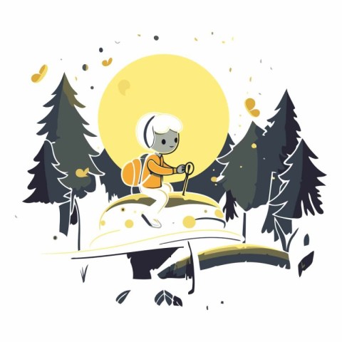 Vector illustration of a boy riding a snowmobile in the forest.