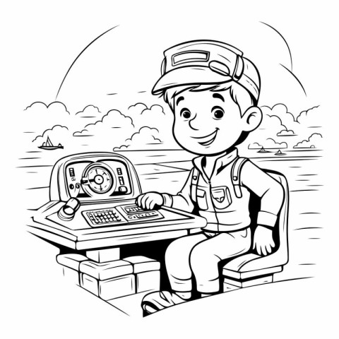 Boy with a radio on the beach for coloring book