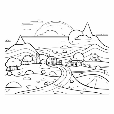 Outline of a country road with houses for coloring book