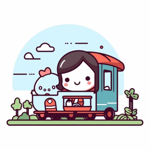 Cute little girl riding a train in the park.