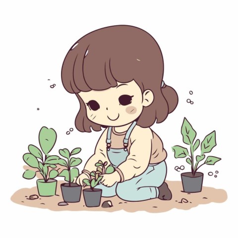 Illustration of a Cute Little Girl Planting a Houseplant