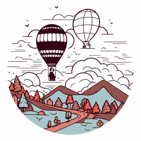 Hand drawn vector illustration of hot air balloon flying over th