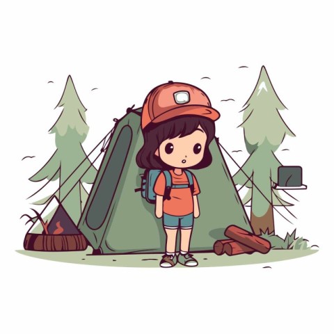 Cute little girl camping in the woods. Cartoon vector illustrati