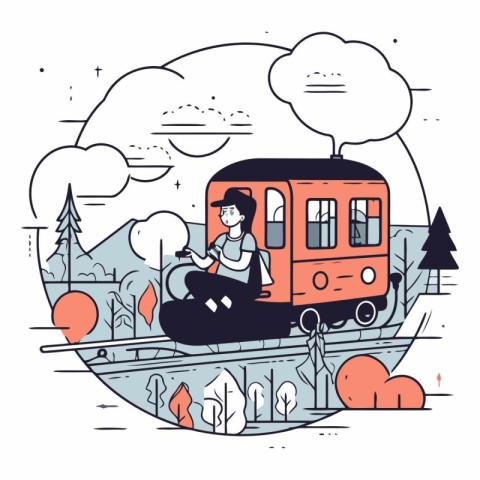 Vector illustration of a girl riding a bus in the forest. Flat s