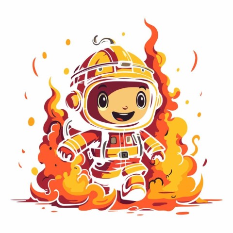 Cute Cartoon Astronaut in Fire on White Background.