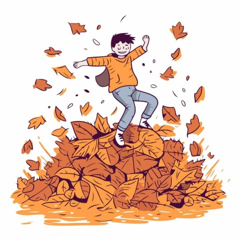 Happy boy jumping on a pile of autumn leaves.