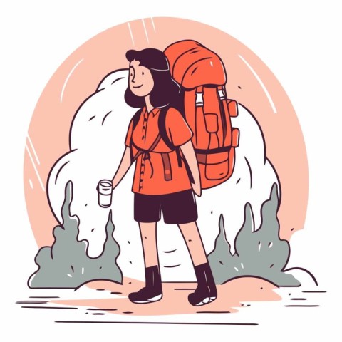 Tourist girl with a backpack on a hike.