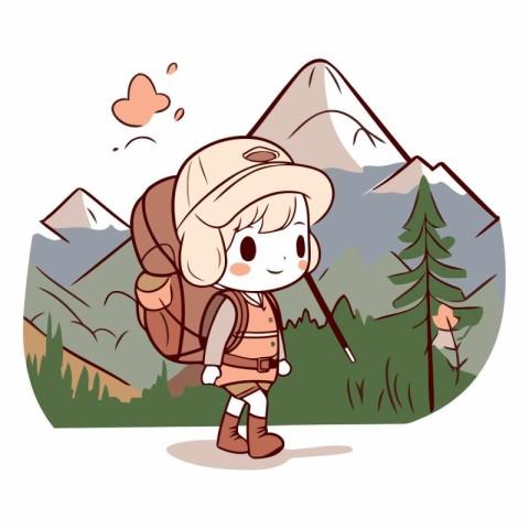 Illustration of a little girl with a backpack hiking in the moun