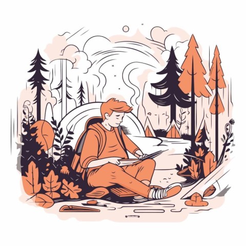 Young man sitting in the forest and reading a book