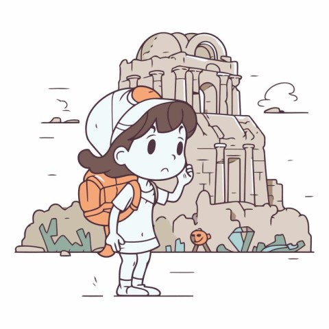 Vector illustration of a little girl in front of an ancient temp