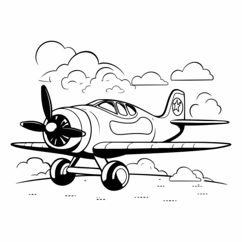 Airplane in the sky with clouds. Black and white vector illustra