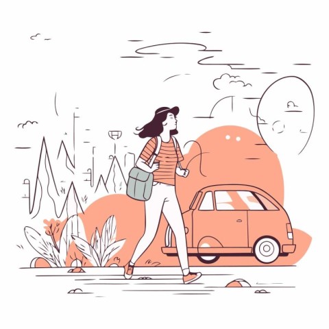 Vector illustration of a young woman walking in the city with a