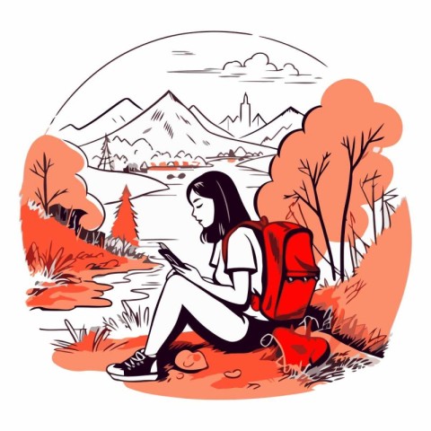 Hiking girl with backpack sitting on the bank of the river