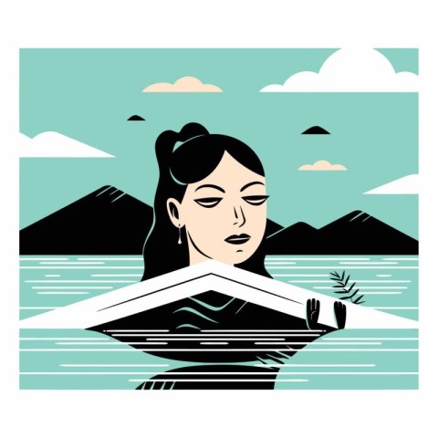 Vector illustration of a woman reading a book in the sea. Girl r