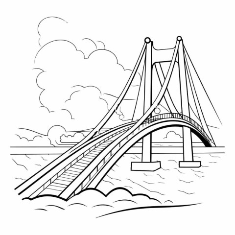 Suspension bridge. Black and white vector illustration for color