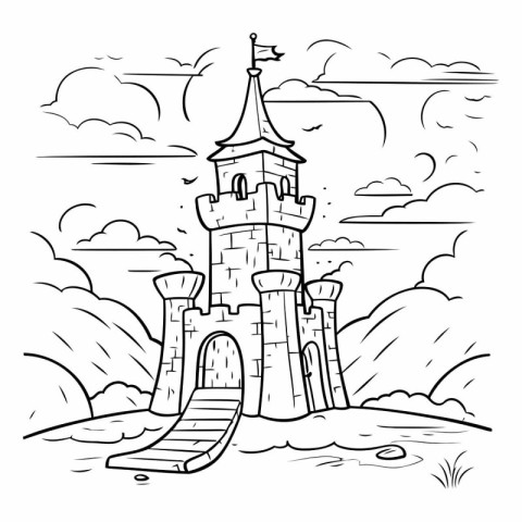 Cartoon illustration of a castle. Black and white vector illustr