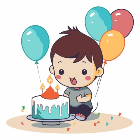 Cute boy celebrating birthday with cake and balloons.