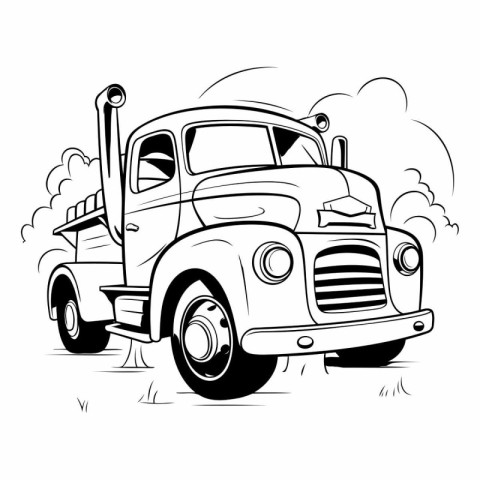 Vector illustration of a retro truck. Black and white line art.