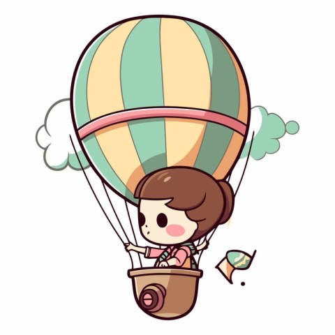 Illustration of a Cute Girl Riding a Hot Air Balloon.