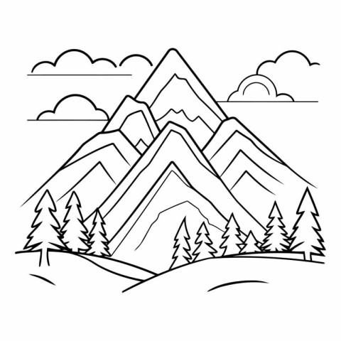 Mountains in the forest. Black and white vector illustration for