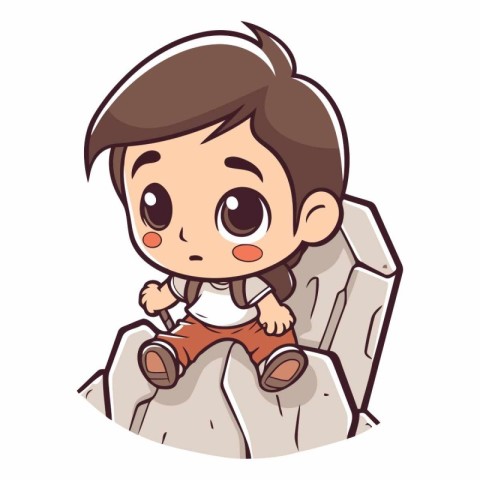 Cute little boy sitting on the rock. Vector cartoon illustration