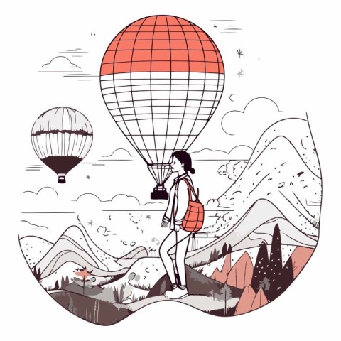 Young woman with backpack and hot air balloon in the mountains