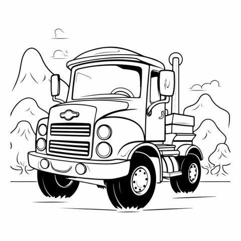 Truck in the forest. Black and white vector illustration for col