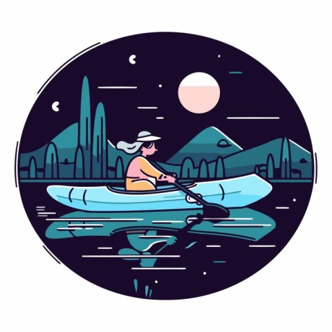 Woman kayaking on the river in a flat style