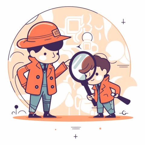 Boy and girl in raincoat with magnifying glass