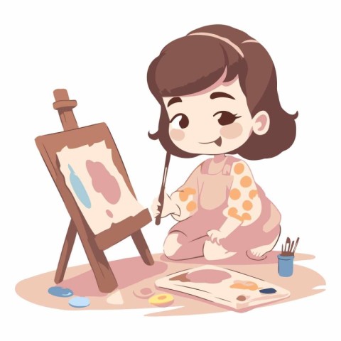 Illustration of a Cute Little Girl Painting a Picture on an Ease