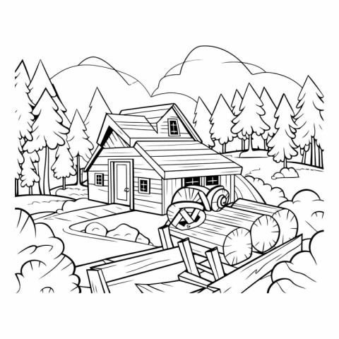 Hand drawn vector illustration of an old log cabin in the woods.