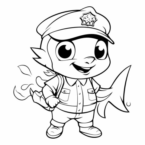 Black and White Cartoon Illustration of Cute Little Fish Police