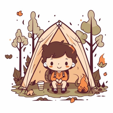 Cute little boy in a tent camping in the forest