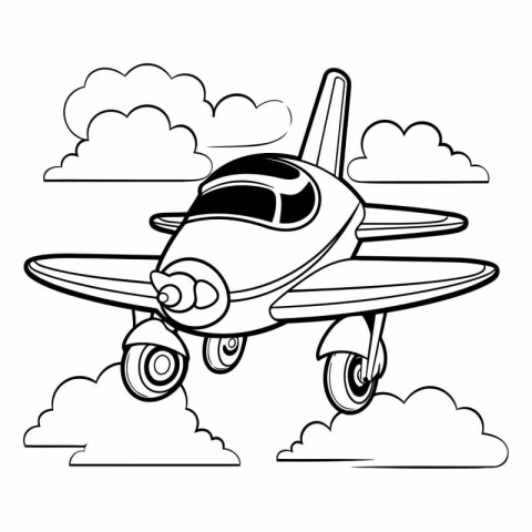 airplane flying in the clouds icon cartoon in black and white ve