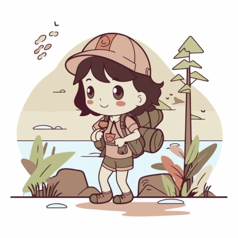 Illustration of a boy scout with a backpack in the park.