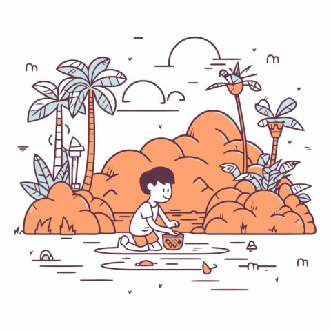 Cute little boy playing on the beach. Vector line art illustrati