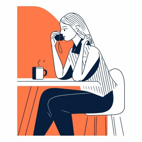 Young woman drinking coffee in cafe in flat style.