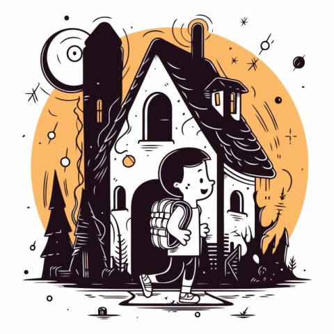 Vector illustration of a boy in front of a haunted house. Hand d